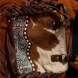 Myra Bag Brown and White Crossbody with Fringe